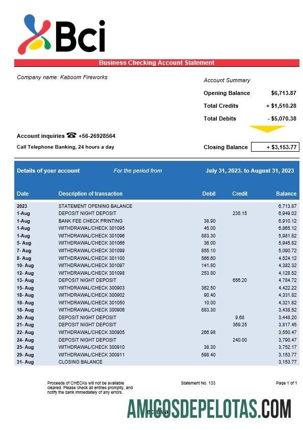 Em branco Extrato de conta da empresa do Banco BCI modelo Word e PDF